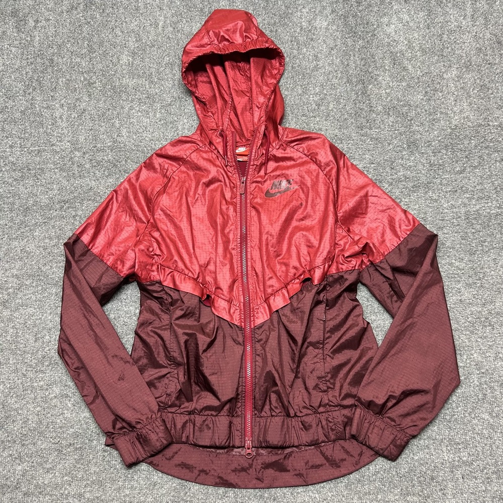 Nike Jacket Womens Large Red Colorblock Hooded Windbreaker Full Zip Lightweight